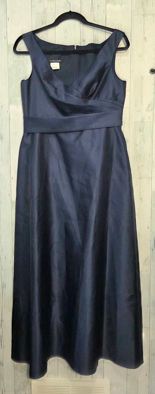 ALFRED SUNG Navy Satin Off-Shoulder Maxi Gown - Picture 2 of 8